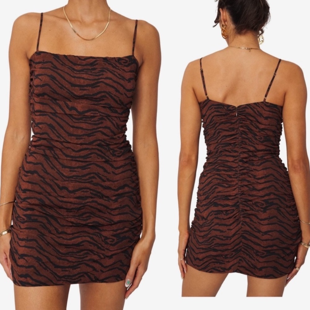 WeWoreWhat Ruched Ronnie Mini Dress in Tiger Print 🤎